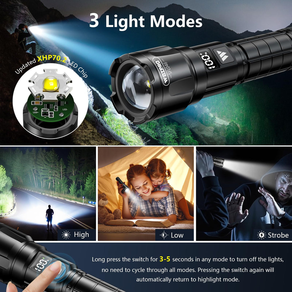 WdtPro Rechargeable Flashlights 2 Pack, Super Bright LED High Lumens Tactical Flash Light with LCD Battery Display, Zoomable 3 Modes, Powerful Handheld Flashlights for Home Emergencies Camping Outdoor