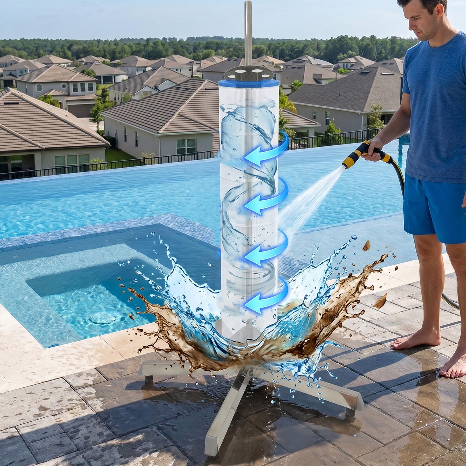 Cleaning Tool for Swimming and Spa Filter, Stainless Claw Steel Pool Filter Cleaner Stand, Spinning Clean for 3, 4, 6 in Pool Cartridges