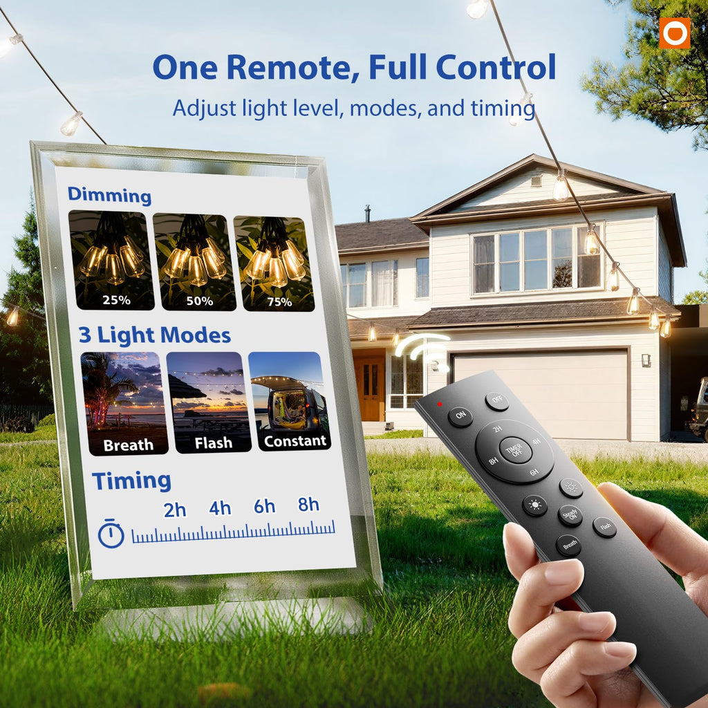addlon 100FT(50FT*2) LED Outdoor String Lights with Remote Waterproof Patio Lights with 54 Shatterproof ST38 Replaceable Bulbs(4 Spare), Dimmable Outside Hanging Lights Connectable for Porch, Backyard