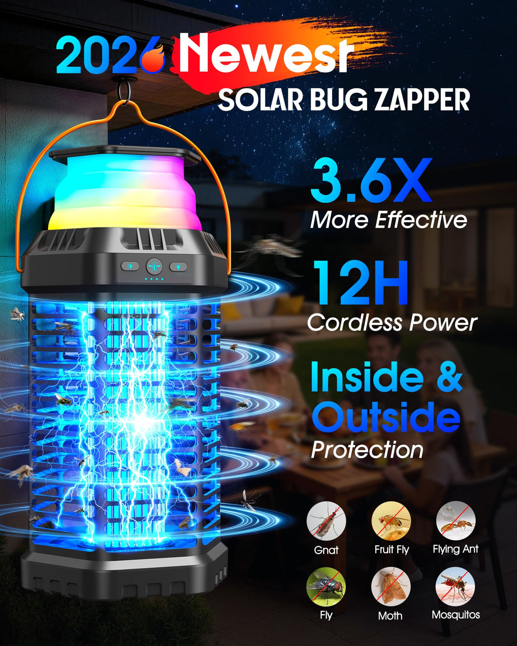 GTERT Solar Bug Zapper Outdoor, Rechargeable Mosquito & Fly Zapper with Auto ON/Off, 6000mAh Long-Lasting, Foldable Camping Light, Solar & USB Powered Bug Zapper for Patio, Camping & Indoor Use