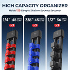 Reniteco 9-Piece Socket Organizer Set - 1/4-Inch x 48 Clips, 3/8-Inch x 45 Clips, 1/2-Inch x 36 Clips, Heavy Duty ABS Socket Holder, Premium Quality Socket Clip Rail Holder for Tool Box Drawer