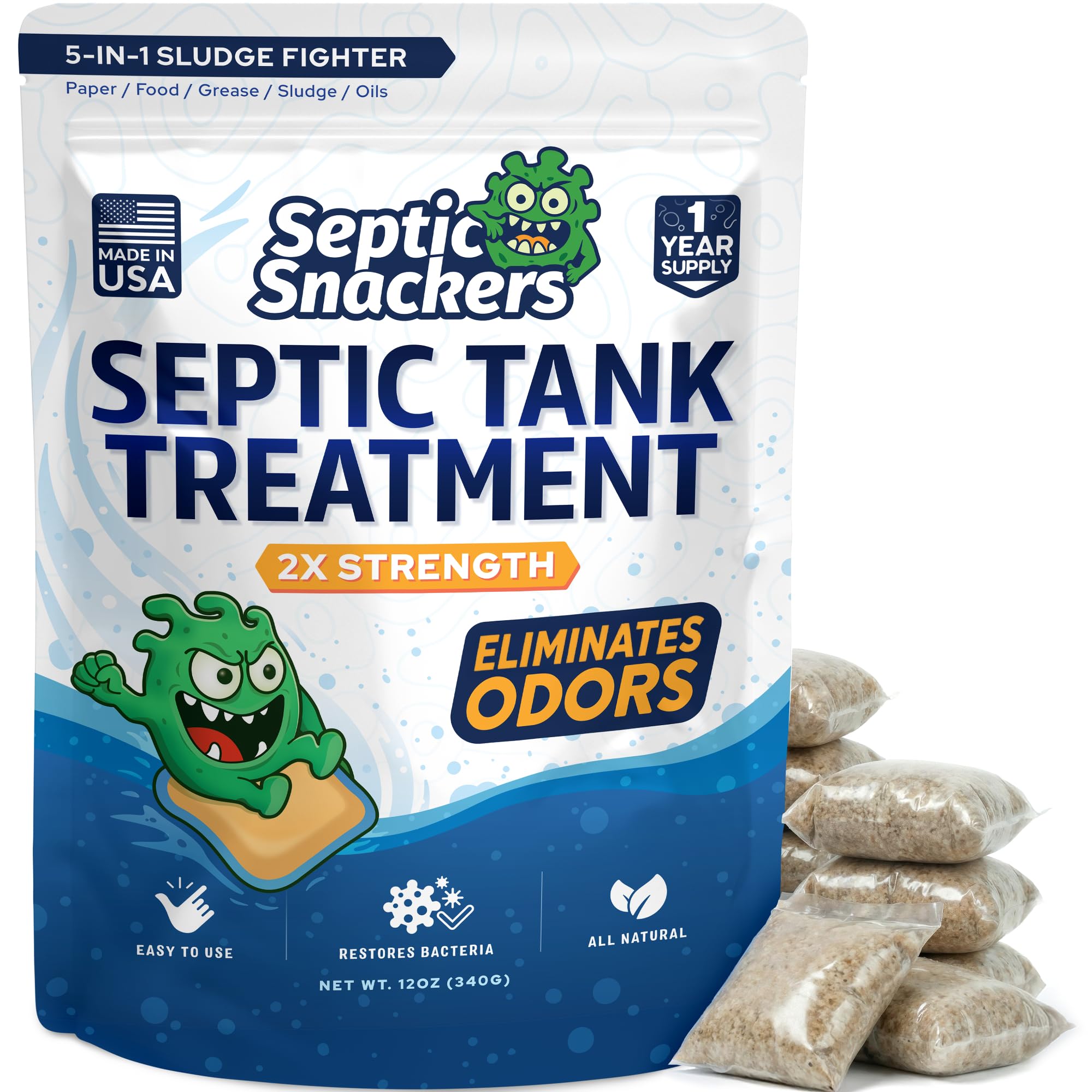 Odor Eliminating Septic Tank Treatment Pods with 2X Strength - 12 Month Supply of Septic & Sewage Cleaner - Helps Prevent Backups & Repairs - by Septic Snackers