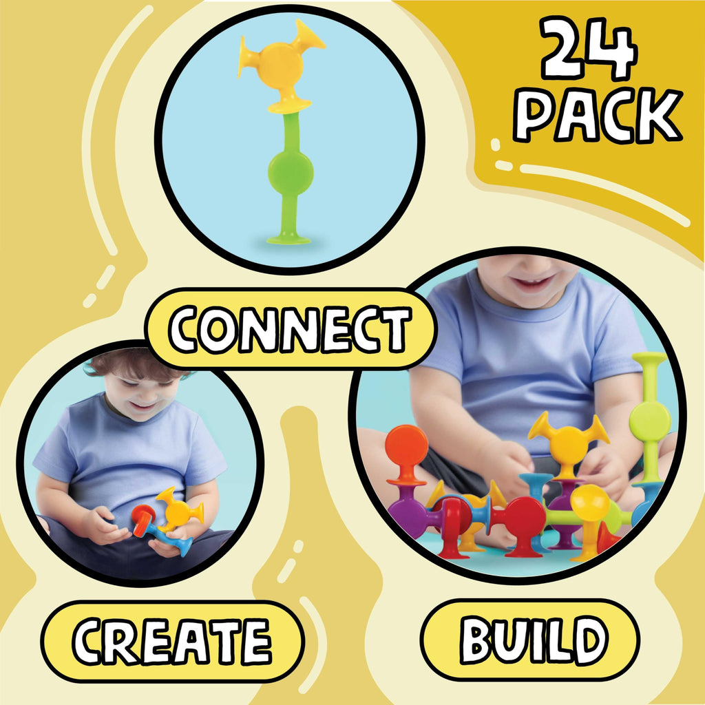 BUNMO Bath Toys Suction - Connect, Build, Create - Toddler Bath Toys - Hours of Fun & Creativity - Fine Motor Skills - Stimulating Sensory Toys - Non-Mouthable Toy 3+ - Smooth 24 Pack