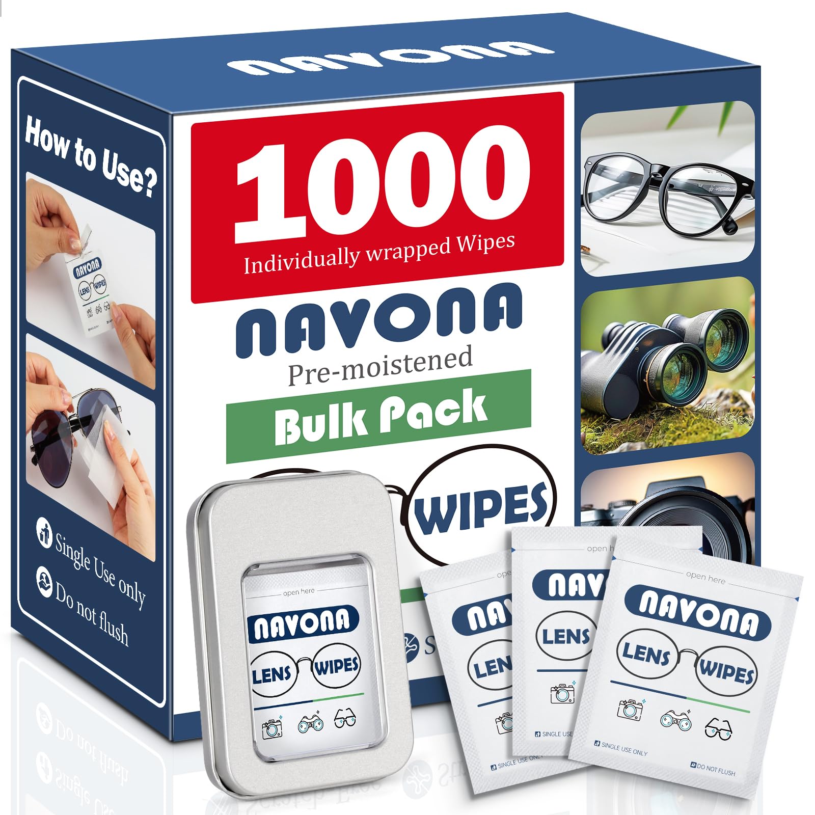 Navona Pre Moistened Lens Wipes for Eyeglasses - 1000 Count Individually Glasses Cleaner Wipes,No Scratch,No Streak Eyeglass Cleaning Wipes for Screen,Phone,Laptop,Sunglasses