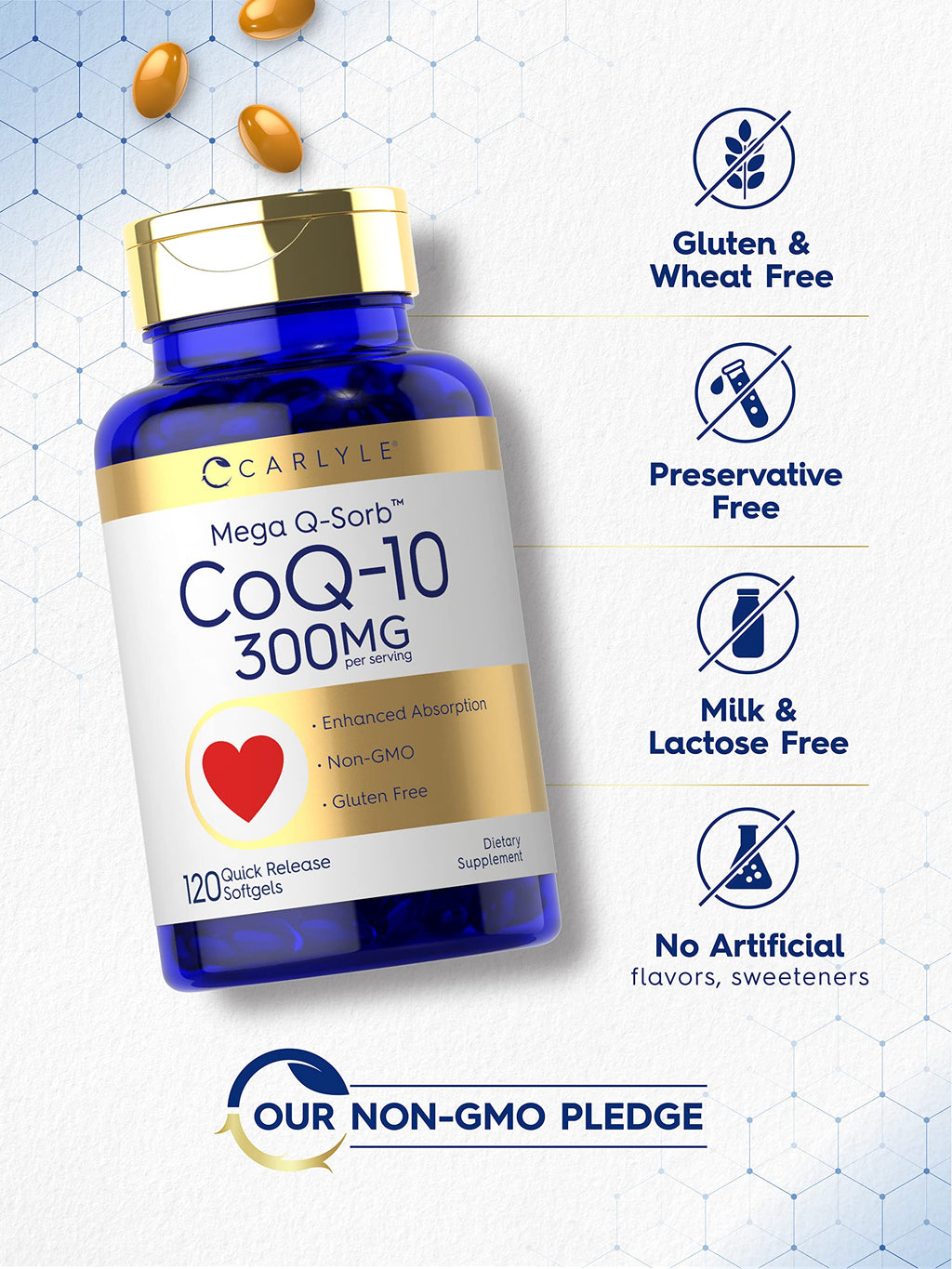 Carlyle CoQ10 300mg | 120 Softgels | Mega Q-Sorb Coenzyme Q-10 | with Black Pepper Extract | Non-GMO, Gluten Free Supplement