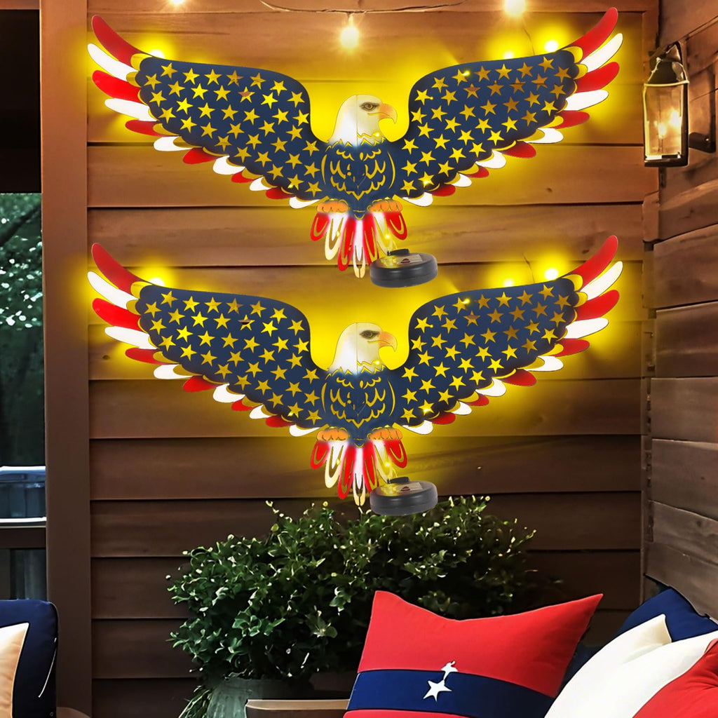 2 Pack 23" American Eagle Metal Wall Art with Solar Lights Outdoor