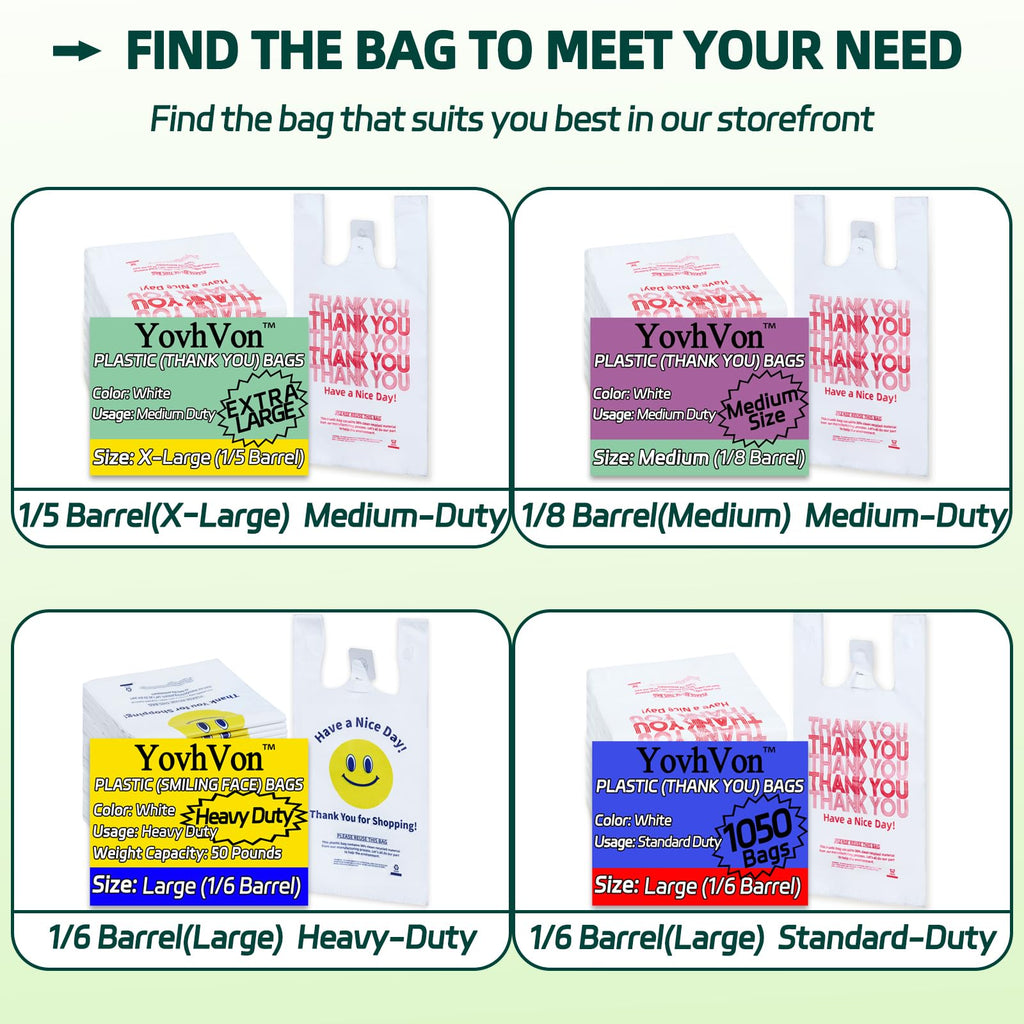 YovhVon 0.8Mil(20 Microns), 300 Count, Plastic Bags with Handles, T-Shirt bags, Thank You bags, Shopping Bag, Grocery Bag, |for Store, Carry, Pack|, White, 1/6 Barrel, Large 11"x6"x21", Heavy Duty