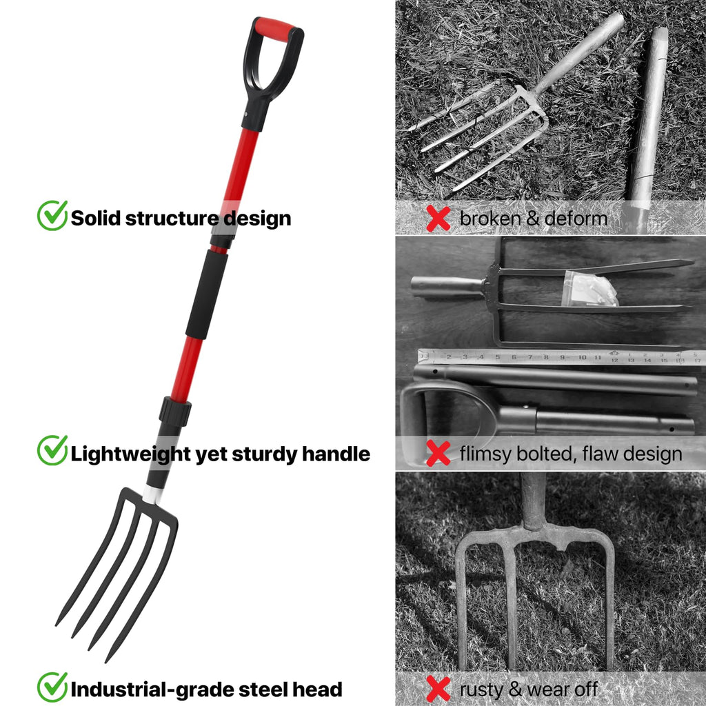 COSITA Pitch Fork for Garden, 44-Inches Pitchfork with Fiberglass Handle, Gardening Spading Fork with 4 Metal Tines, Heavy Duty Pitchfork for Manure, Mulch, Digging, Aeration, Red