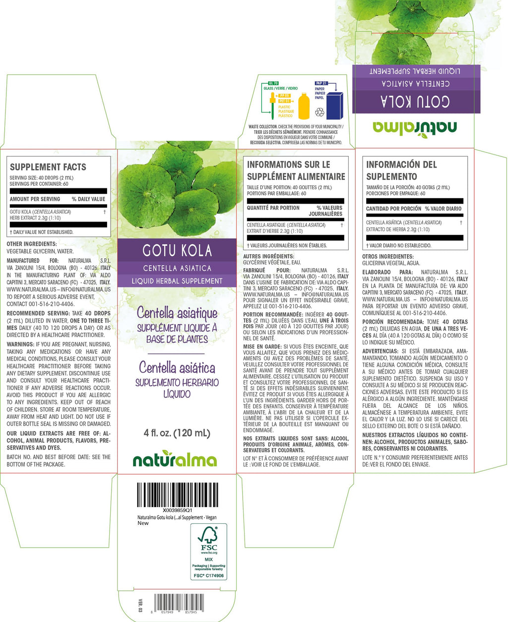 Naturalma Gotu kola (Centella asiatica) herb Alcohol-Free Tincture - 4 fl oz Liquid Extract in Drops - Herbal Supplement - Vegan