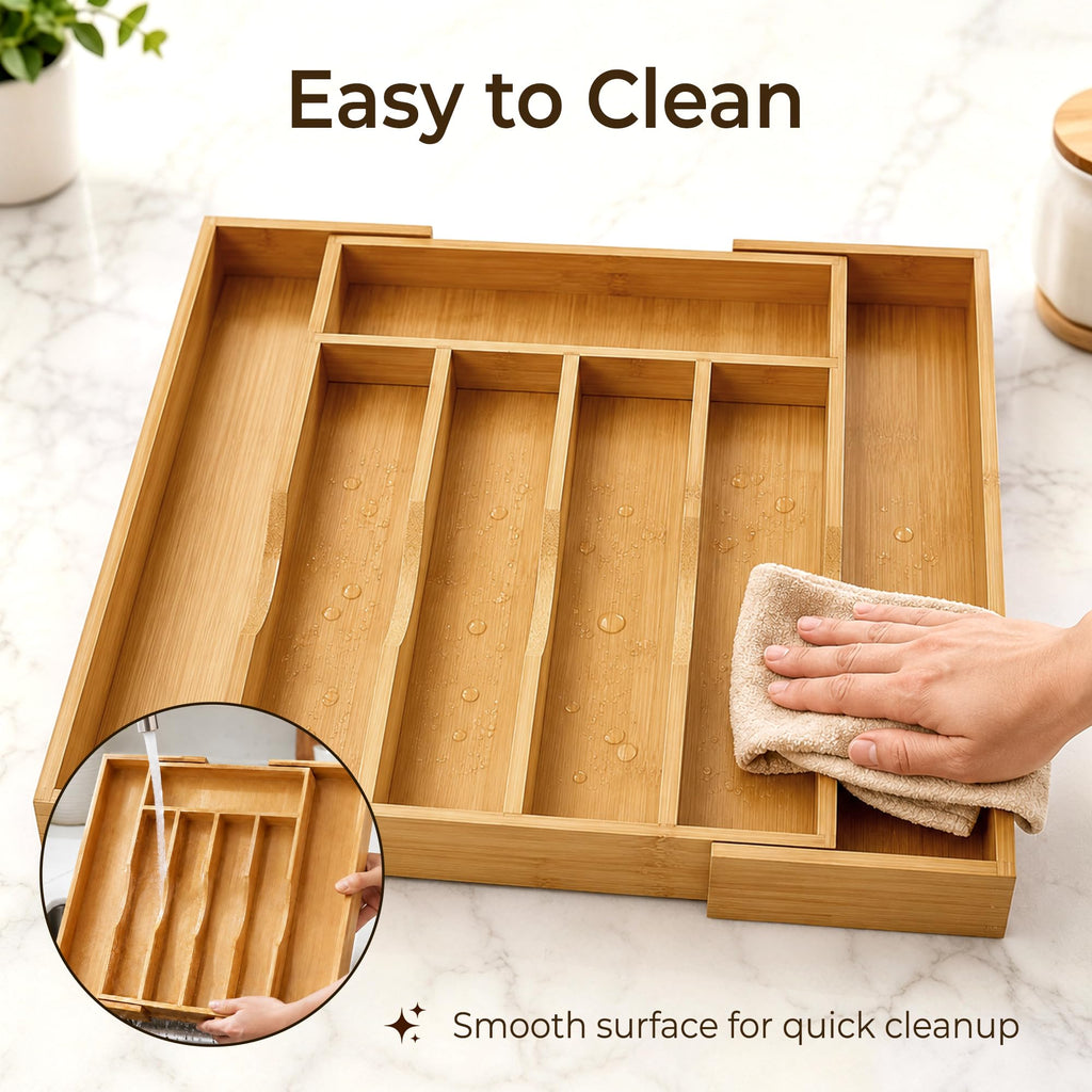 oridom Expandable Bamboo Kitchen Drawer Organizer for Cutlery and Utensils, Adjustable Bamboo Wood Cutlery Tray in Drawer for Flatware and Silverware in Kitchen, (Natural)