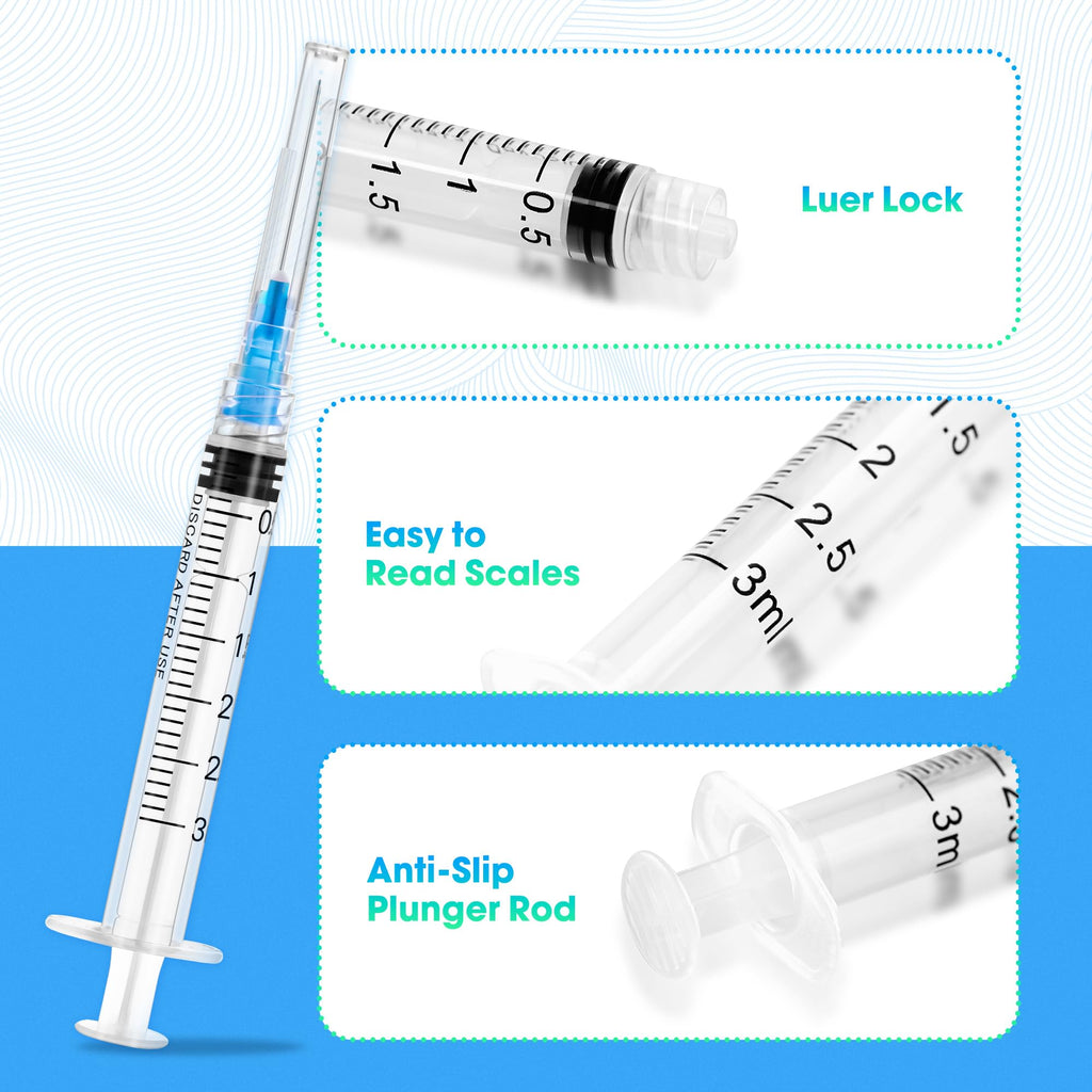 Meterbox 100 Pack 3ml Syringes with Needle - 23G 1 inch Disposable 3cc Luer Lock Syringe for Scientific Lab Use, Sterile Individually Wrapped
