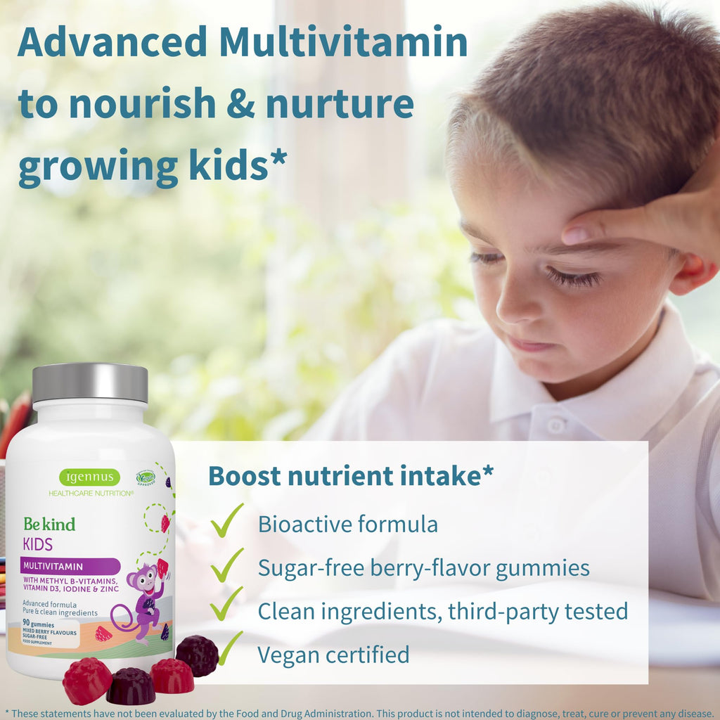 Igennus Methylated Kids Multivitamin Gummies, MTHFR, No Artificial Sweeteners or Flavors, Sugar Free, Age 4+, 90 Natural Berry Flavor Gummies from Fruit Powder, Non-GMO, Halal, Clean Label