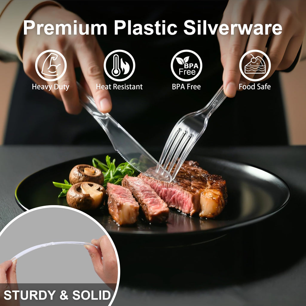 BYSNOW 360 Count Extra Heavy Duty Plastic Silverware, BPA-Free, Heat Resistant, Disposable Clear Plastic Utensils Set, Plastic Cutlery Set, Plasticware Bulk for Parties, Events and Everyday Use
