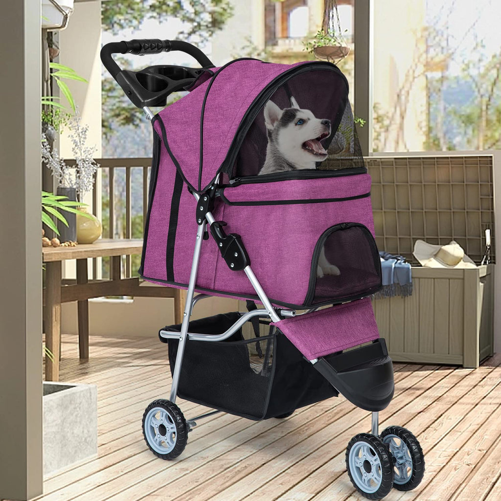 BestPet 3Wheels Pet Dog Stroller for Folding Lightweight Cat Travel Stroller with Cup Holder,Purple
