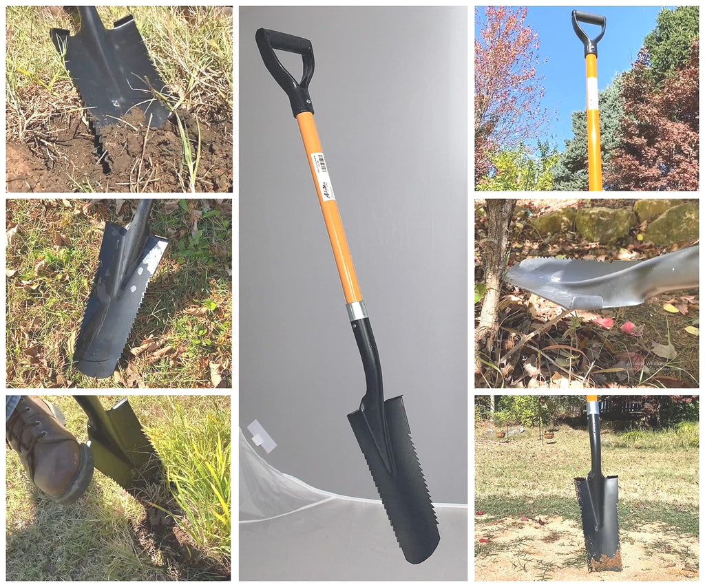 Ashman Drain Spade Teeth Shovel (1 Pack) - 48 Inches Long Handle Spade with D Handle Grip - Durable Handle with a Thick Metal Blade - Multipurpose Premium Quality Orange Shovel.