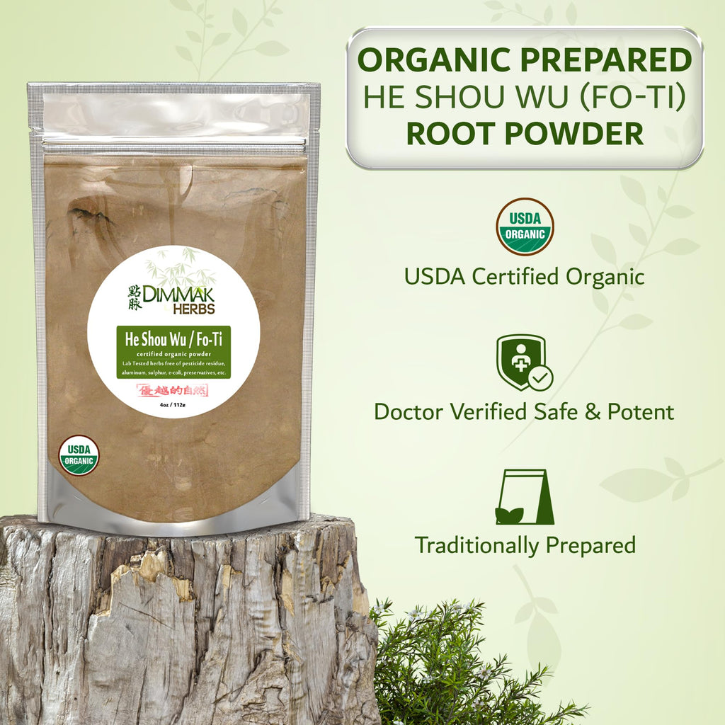 Dimmak Herbs Organic Prepared He Shou Wu Powder (Fo-Ti Root)- Traditional Black Bean Cured Tonic for Hair Thickness, Graying & Jing Vitality- Polygonum Multiflorum Safe & Potent (4oz)