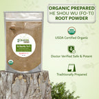 Dimmak Herbs Organic Prepared He Shou Wu Powder (Fo-Ti Root)- Traditional Black Bean Cured Tonic for Hair Thickness, Graying & Jing Vitality- Polygonum Multiflorum Safe & Potent (4oz)
