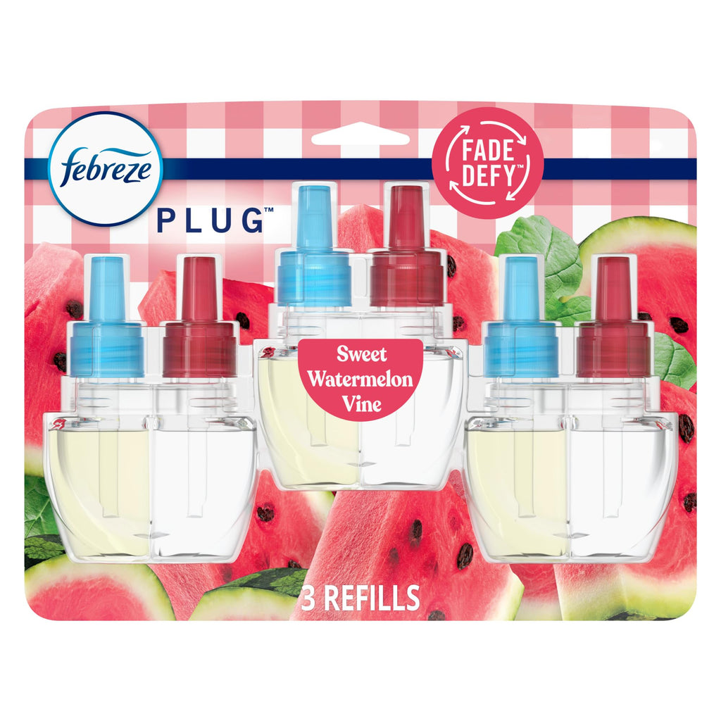 Febreze Plug In Air Freshener, Odor-Fighting Scented Oil Refill, Air Fresheners for Home and Bathroom and Kitchen, Long Lasting for Strong Odors, Sweet Watermelon Vine Scent, 0.87oz Refill, 3 Count