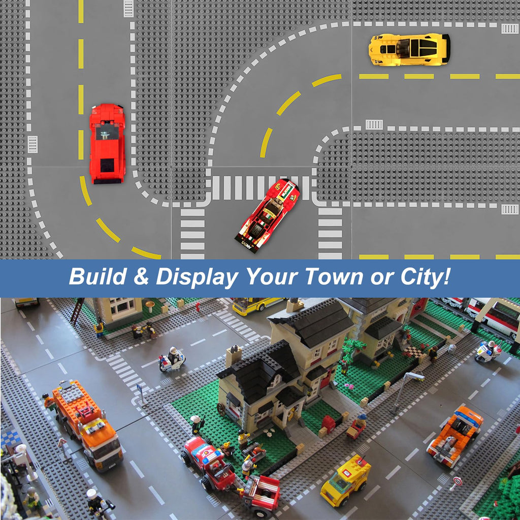 Pokiiulk 9 Pack Road Base Pates for Building, Compatible with Lego Classic Bricks, 10” x 10” Baseplates Fits for Lego Roads, Road Base Plates for City Sets (Attached DIY Stickers)