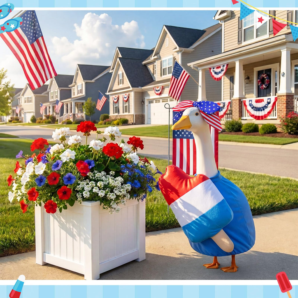 SilTriangle 4th of July Porch Goose Outfit Patriotic Pillow Design with Top Hat for 23" Lawn Cement Goose Independence Day Garden Patio Yard Outdoor Decorations(Ice Lolly)