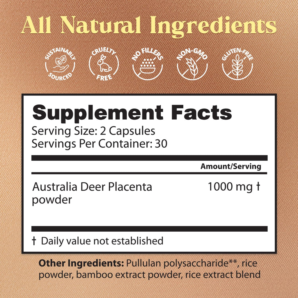 Dragon Herbs Deer Placenta Capsules | Deer Placenta Supplement to Support Vitality & Wellness | All Natural Ingredients, Non-GMO (60 Capsules, 500 mg Per Capsule)