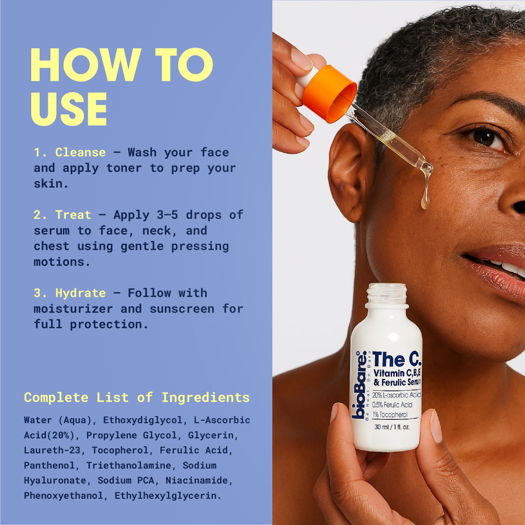 bioBare® Vitamin C, B, E & Ferulic Serum | 20% Pure Vitamin C Facial Serum with Hyaluronic Acid, Niacinamide & Ferulic Acid | L-Ascorbic Acid Serum for Dark Spots, Fine Lines, Wrinkles, Uneven Skin