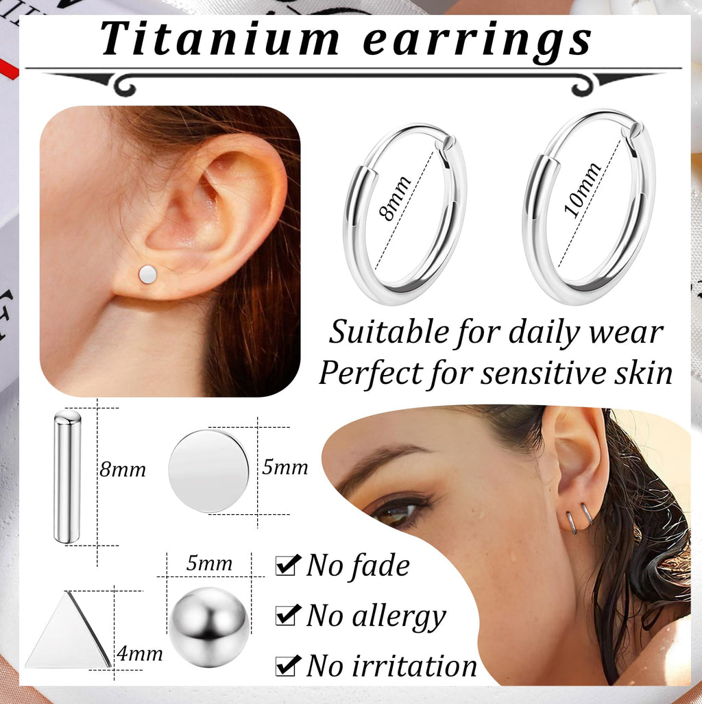 Staligue Titanium Earrings Set - 6 Pairs, Hypoallergenic, Silver