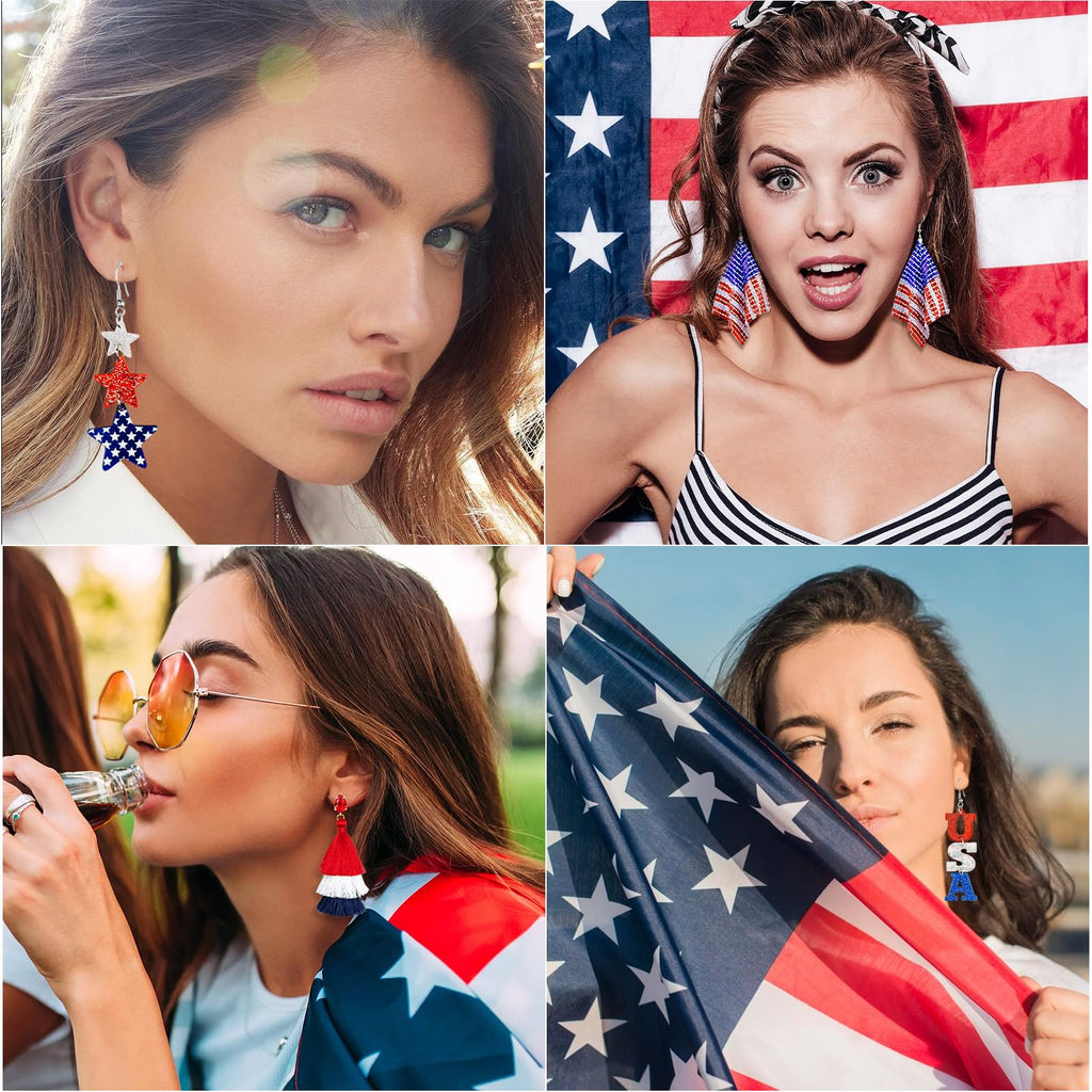 fulasiteu 5 Pairs Patriotic 4th of July Earrings for Women,American Flag Dangle Drop Stud Earrings Fourth of July Accessories Independence Memorial Day Party Favor Gift