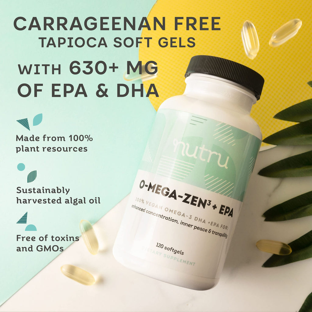 Nutru O-Mega-Zen3 +EPA Vegan Omega 3 Supplement - Fish Oil Alternative - Premium Marine Algal Based Omega-3 DHA and EPA Fatty Acids - Carrageenan Free - 120 Softgels