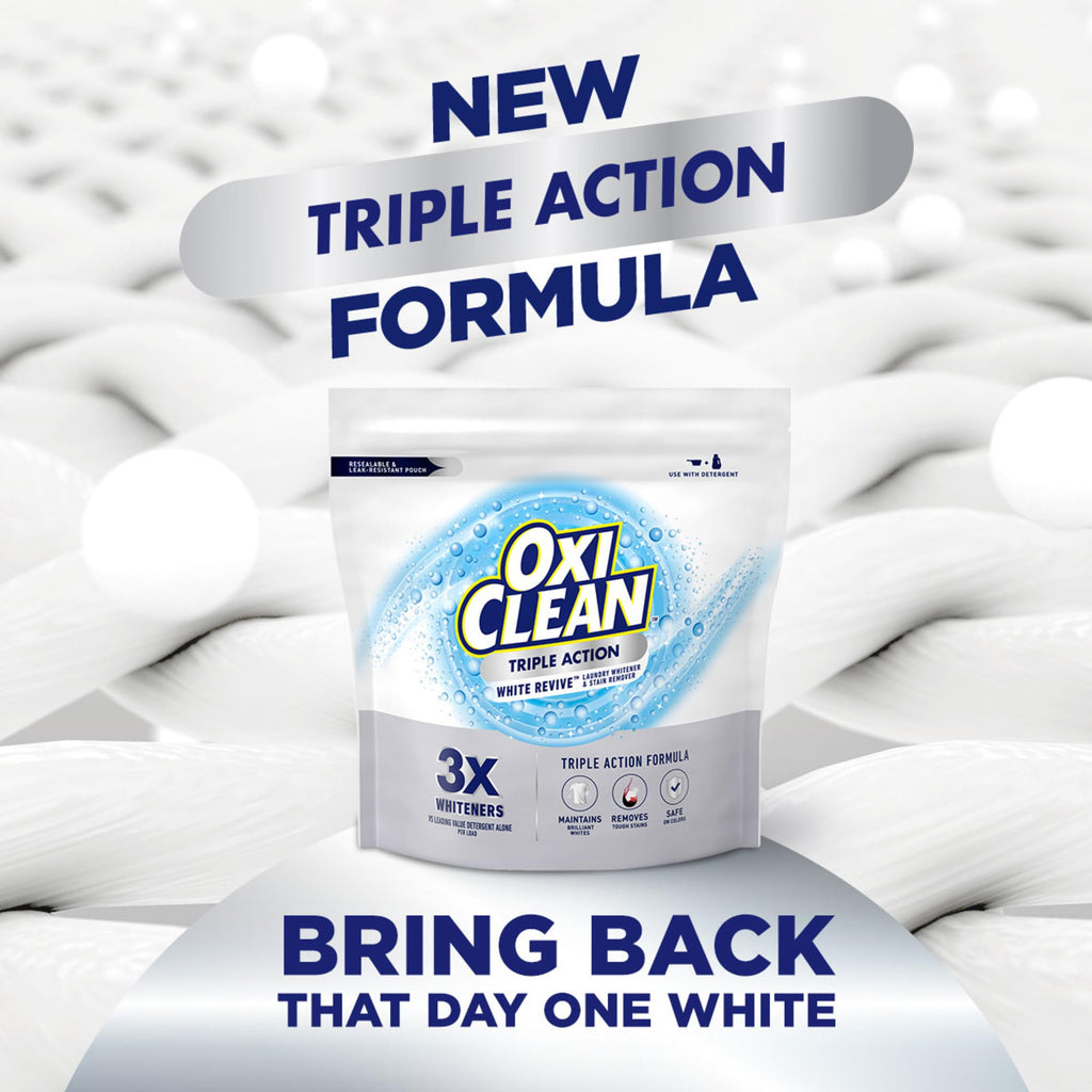 OxiClean Triple Action White Revive Laundry Whitener and Stain Remover Powder, Use with Detergent, Whitens and Brightens Clothes, Removes Tough Stains, Color Safe, Chlorine Free, 6.5 lbs