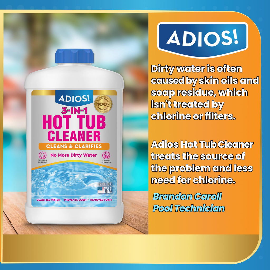 Adios! 3-in-1 Hot Tub Cleaner Clarifies Water, Prevents Scum, Removes Foam and Stops Odors - 32oz (Quart)