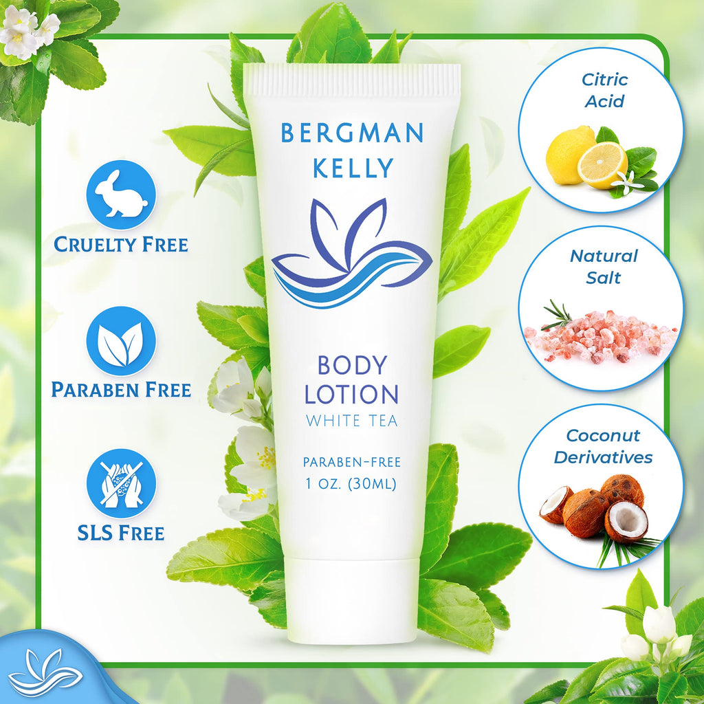 BERGMAN KELLY - Travel Size Lotion - 1 fl oz, 200 PK, White Tea - Delight Your Guests with Invigorating and Refreshing Body Lotion - Quality Mini and Small Size Guest Hotel Toiletries in Bulk