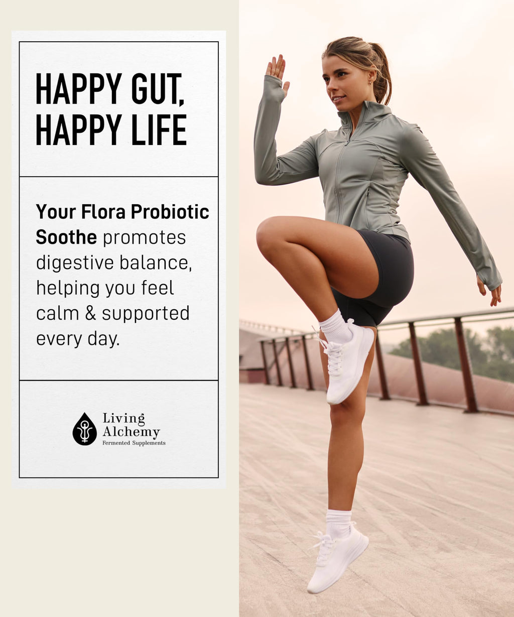 Your Flora Probiotic Soothe – Non-GMO Probiotics with Fermented Soybean, Ginger, & Turmeric for Gut Balance, Digestion, & Support – Prebiotics, Postbiotics, Digestive Enzymes – Living Alchemy, 60 Pcs