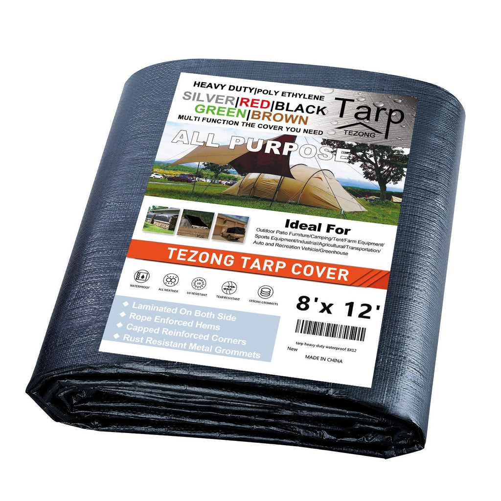 Tarps Heavy Duty Waterproof 8x12ft,TEZONG Black Tarp 16Mil Plastic Tarpaulin Outdoor Tarp Cover for Emergency Rain,Patio Furniture,Wood,Roof,Camping,Car,Pool