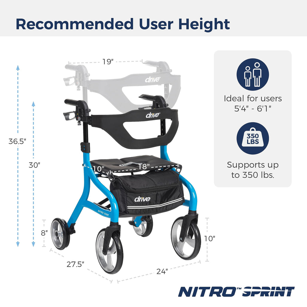 Drive Medical Nitro Sprint Foldable Rollator Walker with Seat - Lightweight Support - Large Wheels - Compact Folding Design - Adjustable Comfort - Standard Size - Blue