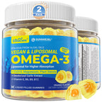 Vegan Omega-3 Gummies 1000mg +CoQ10+Magnesium- EPA 600mg DHA 400mg, Fish Oil Omega 3 Supplements Alternative for Women Men Adults, Liposomal, Algae, Plant Sterols, Garlic,B6,B9, B12, Sugar Free, 2Pack
