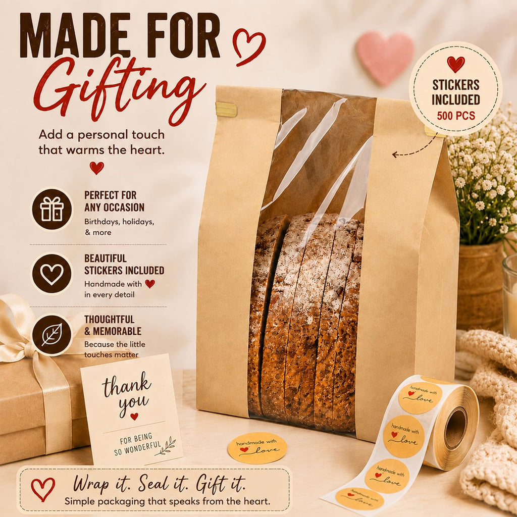200 Pack Large Paper Sourdough Bread Bags with Tin Tie Tabs & 500 Stickers