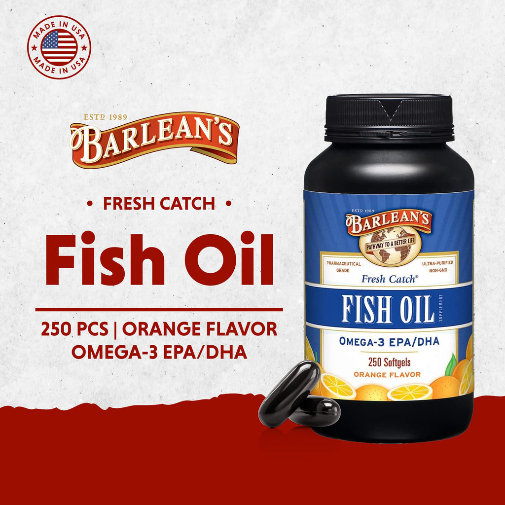 Barlean's Omega 3 Fish Oil Supplements, 600mg Fish Oil Pills with EPA & DHA, Softgels for Joint, Brain, & Heart Health, Orange Flavored, 250 Count