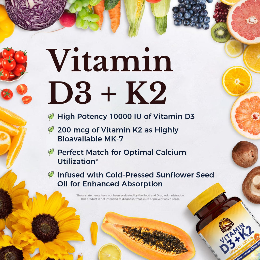 Vitalitown Vitamin D3 K2 Supplement, Vitamin D3 10000 IU Vitamin K2 (MK7) 200 mcg, 90 Softgels (Pack of 2), Non-GMO, No Gluten & Soy, for Bone, Teeth, Immune & Heart Health