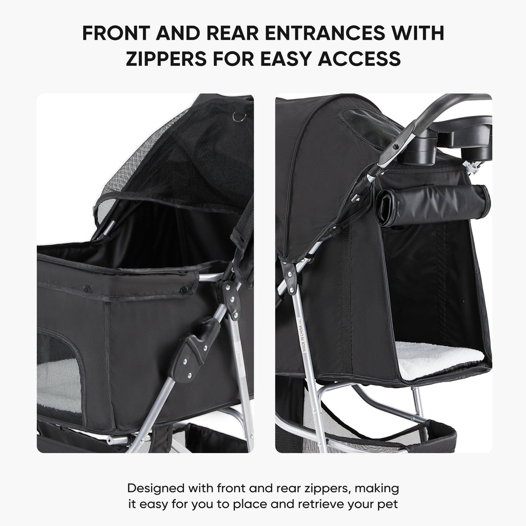 NEWBULIG Pet Stroller for Dogs, Cats Stroller with 3 Wheel, Foldable, Lightweight and Durable, Ideal for Small to Medium Pets, Includes Storage Basket and Cup Holders, Black