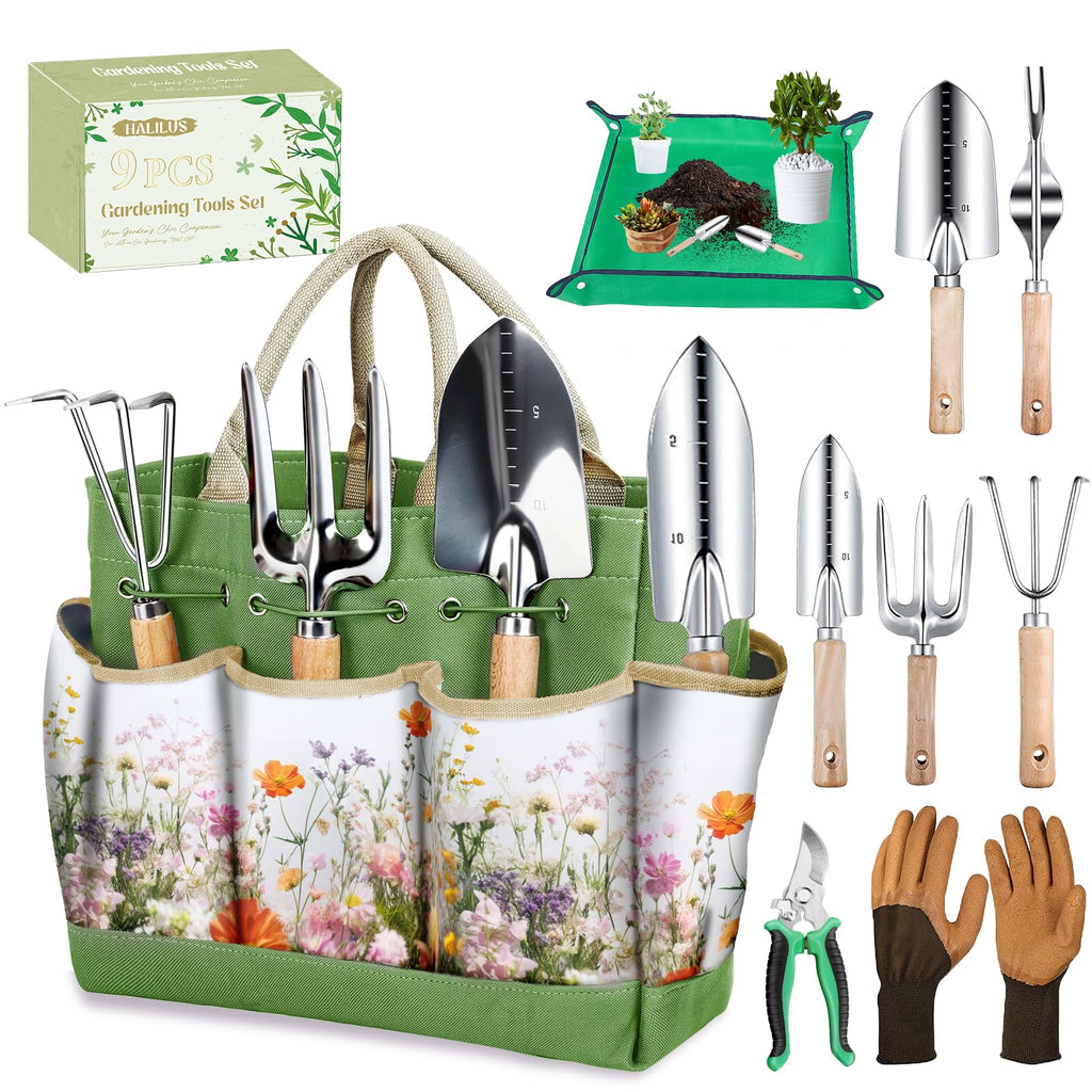 Garden Tools 9 Pcs Heavy Duty Gardening Tool Set Green Tote Bag Men Women