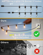 Jerritte 60FT LED Outdoor String Lights with 16+1 Edison Shatterproof IP65 Waterproof Bulbs, 2700K Dimmable Commercial Grade Patio Lights for Garden, Porch, Deck Decor