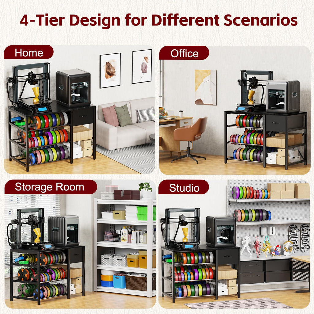 GUULIBERA 3D Printer Stand with Filament Storage Rack, Black 3D Printer Table with Power Outlet, 3-Tier Filament Holder with Drawer, 3D Printer Filament Stand Organized for Office Workshop Studio