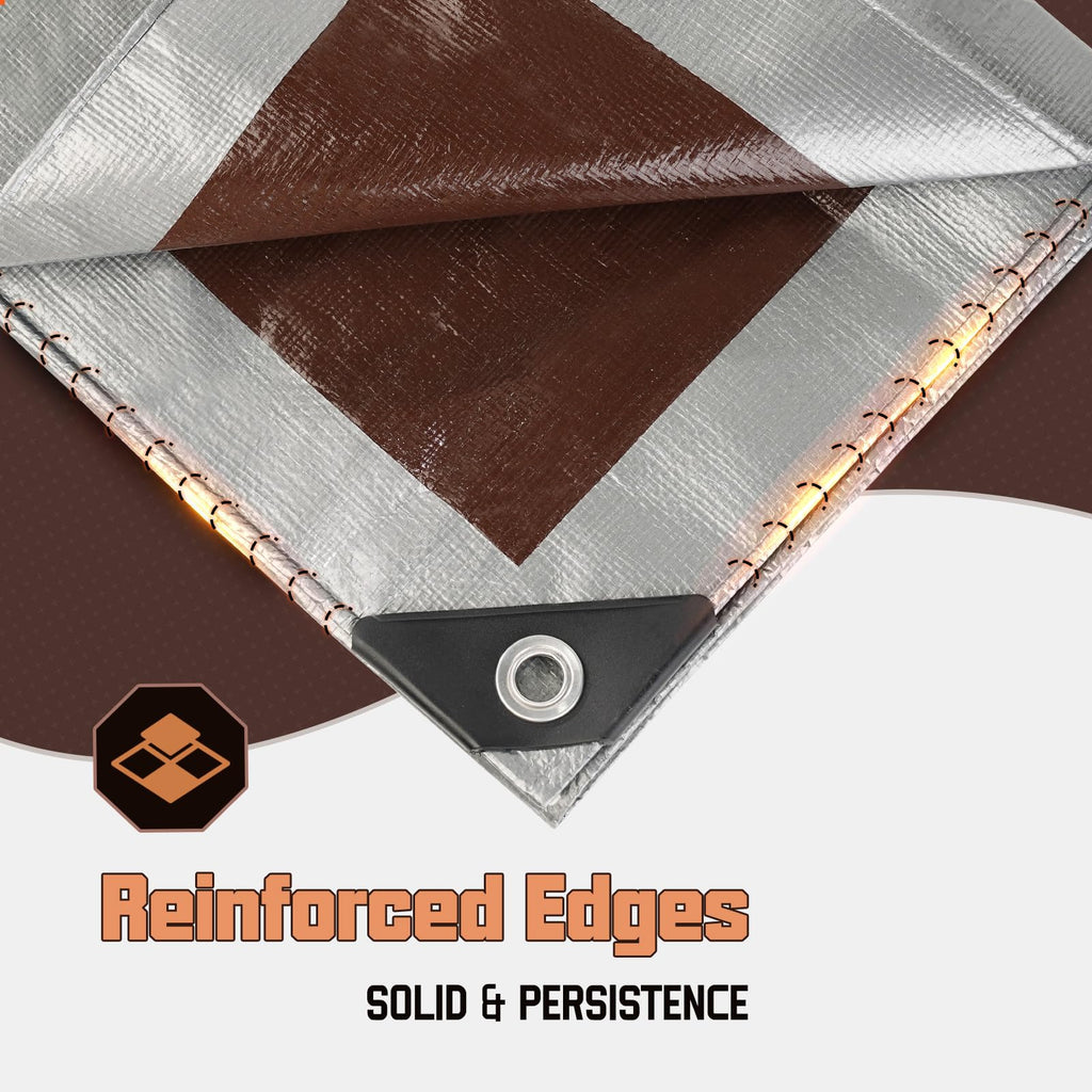 20 x 30 FT Waterproof Heavy Duty Tarp, 10 Mil Thick, Outdoor Furniture Covers, Plastic Insulated Tarpaulin for Camping Tent Roof Boat Patio Pool Cover, Large & Small Multi-Size Tarps, Silver/Brown