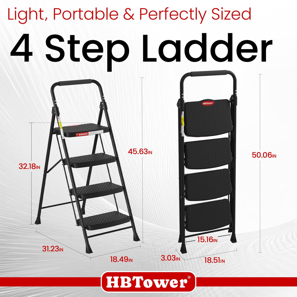 HBTower 4 Step Ladder, Step Stool Foldable with Wide Anti-Slip Pedal, Sturdy Steel Ladders for Home Adults Kitchen