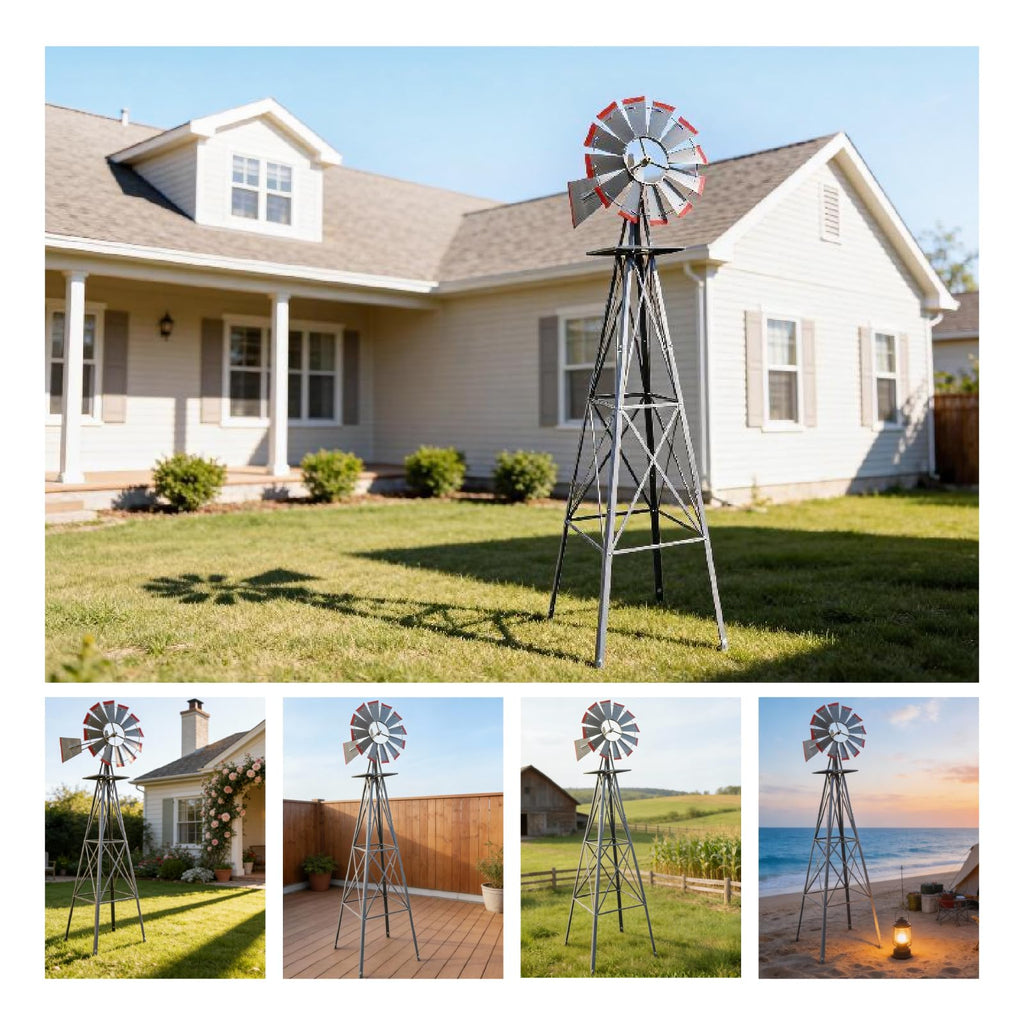 Outvita 8FT Gray Metal Ornamental Windmill Weather Vane