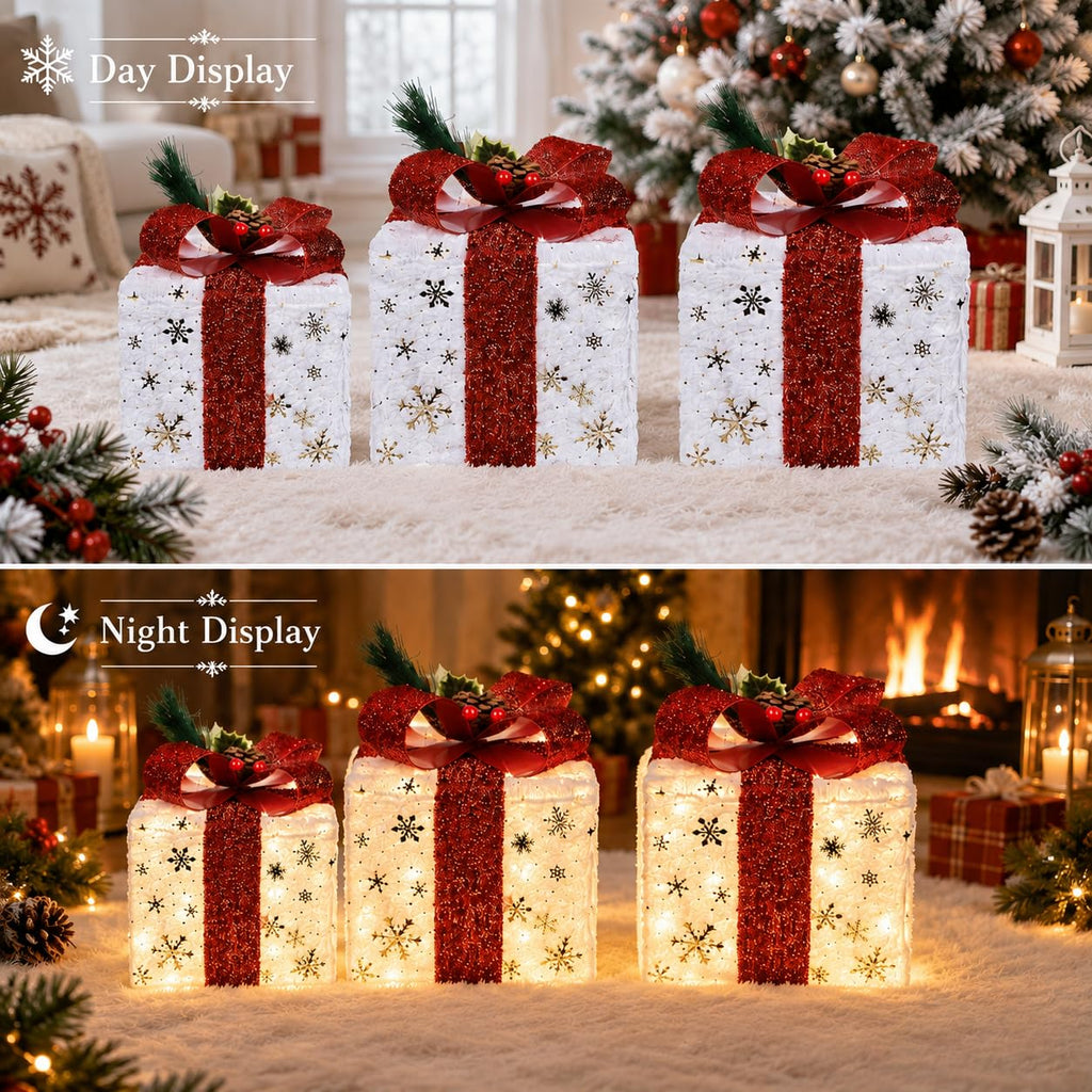Set of 3 Lighted Boxes, Gold Snowflake