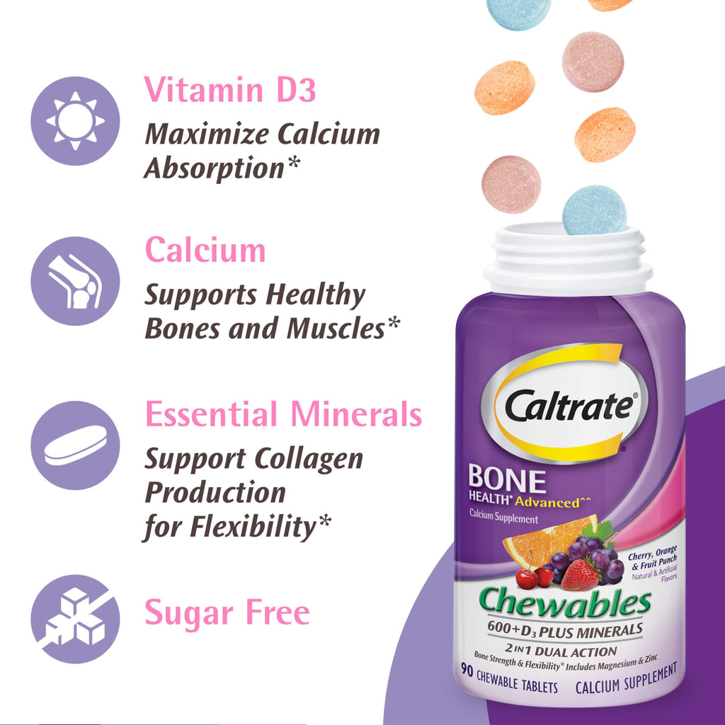 Caltrate Chewables 600 +D3 Plus Minerals Calcium and Vitamin D, Sugar Free, Cherry, Orange and Fruit Punch, 90 Count