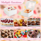 OAMCEG 50 Pack Cupcake Boxes with Window 6x6x3 Inches Cookie Boxes, Bakery Treat Boxes for Pastry, Desserts, Chocolate Strawberries, Cupcake Containers, Gift Giving with Stickers & Twine （White）