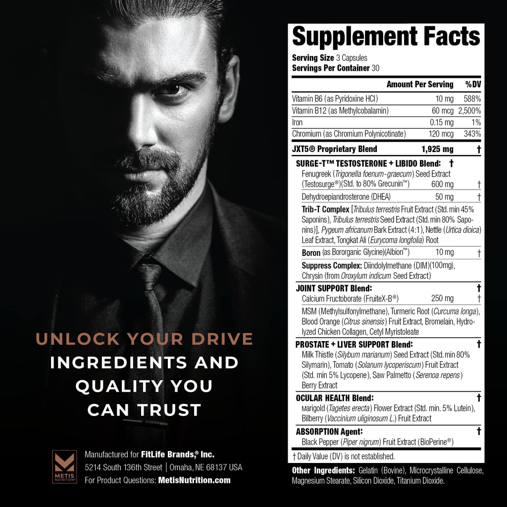 METISNutrition JXT5 Joint Health - 5-in-1 Men's Health Supplement to Libido, Prostate, and Vision - Test Boost, Joint Support, and Improve Energy (90 Capsules)